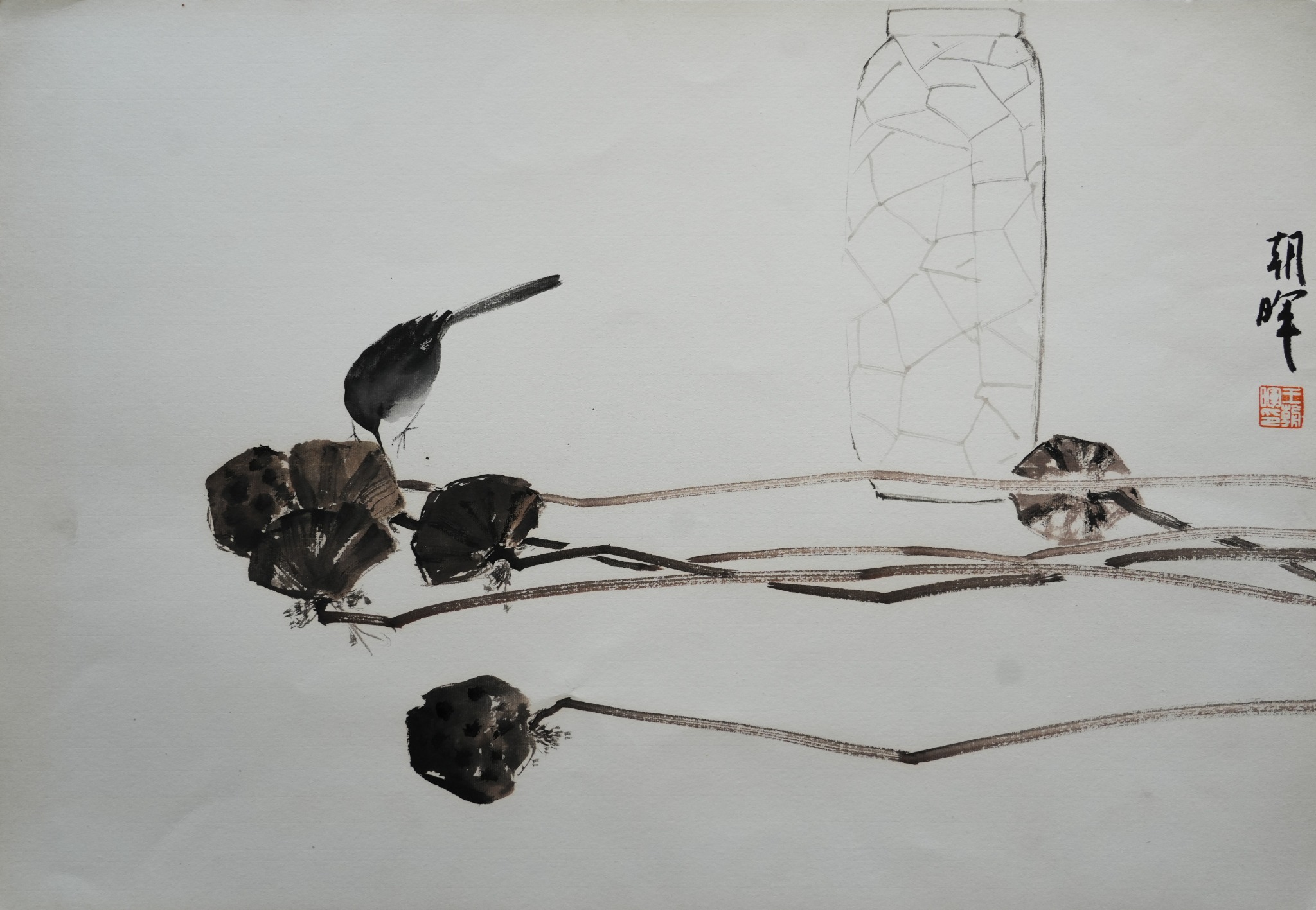 陕西画家王朝晖《荷间清趣》写意荷塘花鸟画