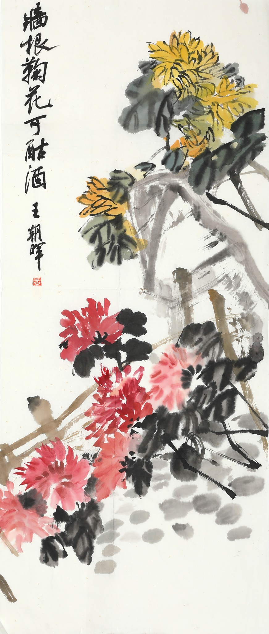 王朝晖《墙根菊花》写意菊花山石中国画