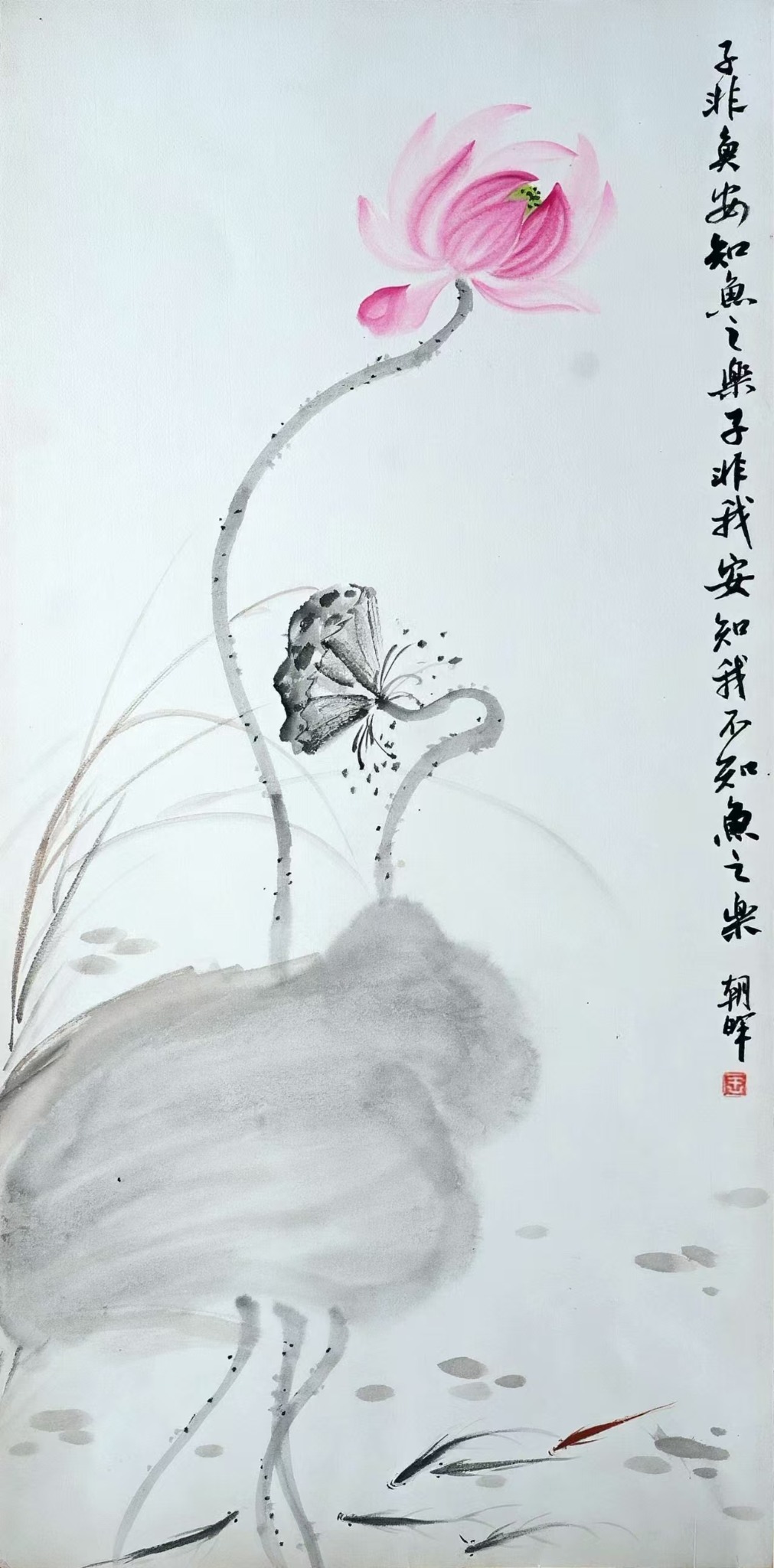 王朝晖《知鱼之乐》荷花蝴蝶游鱼写意中国画