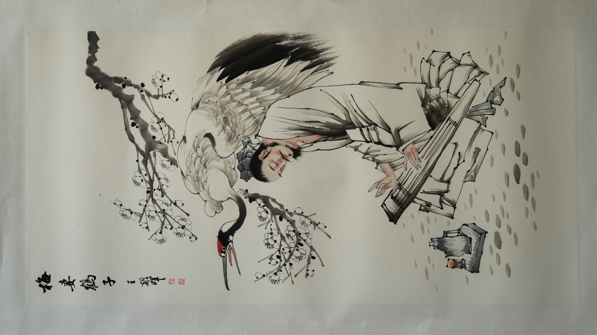 王朝晖《梅妻鹤子》高士抚琴仙鹤人物画