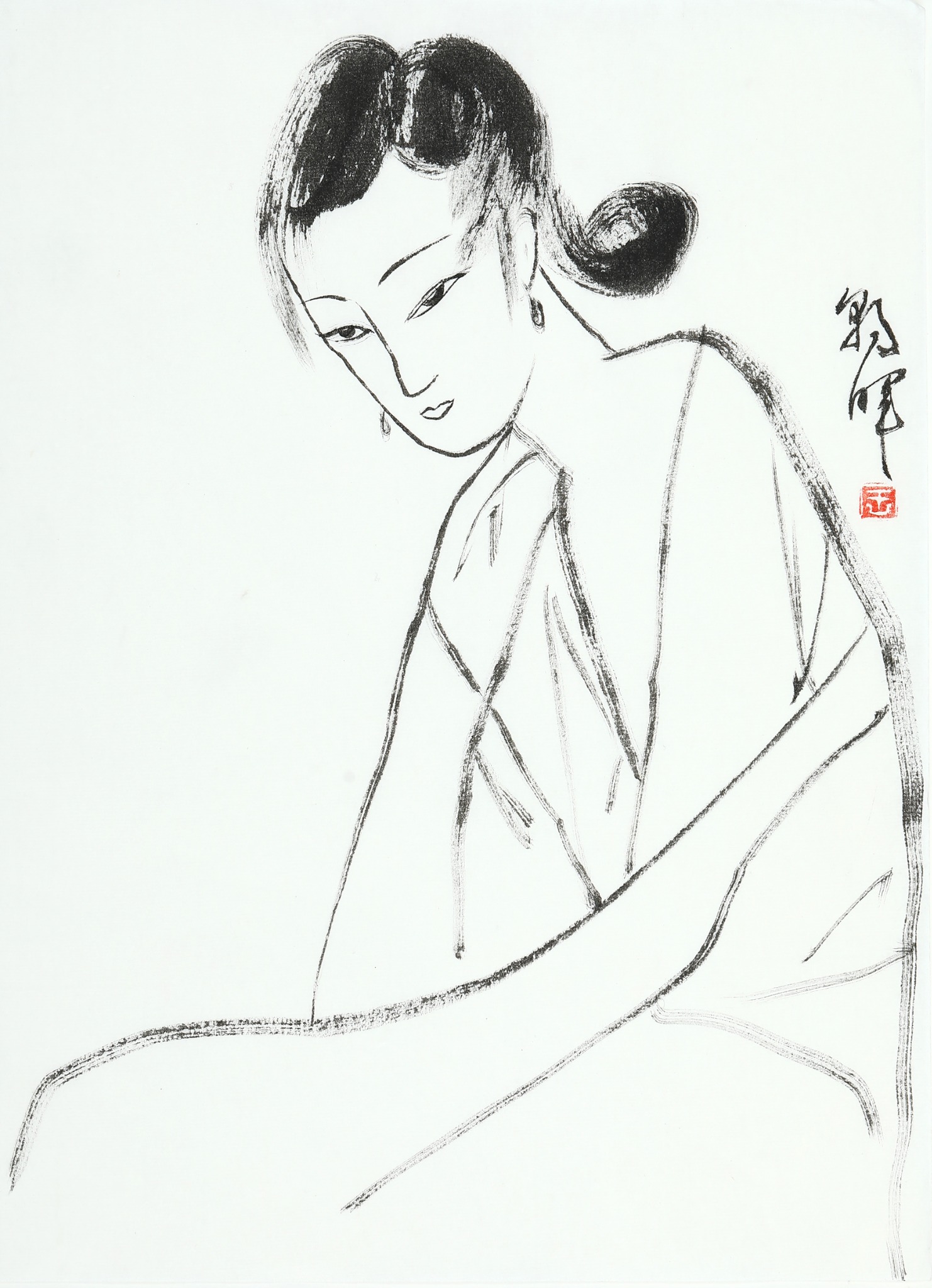 王朝晖《低眉仕女》白描古典女子水墨人物画