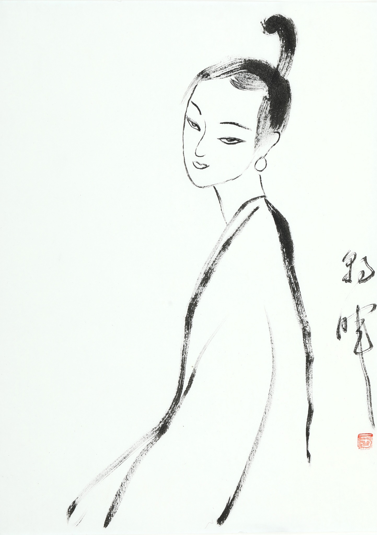 王朝晖《回眸》年轻女子简笔白描人物画