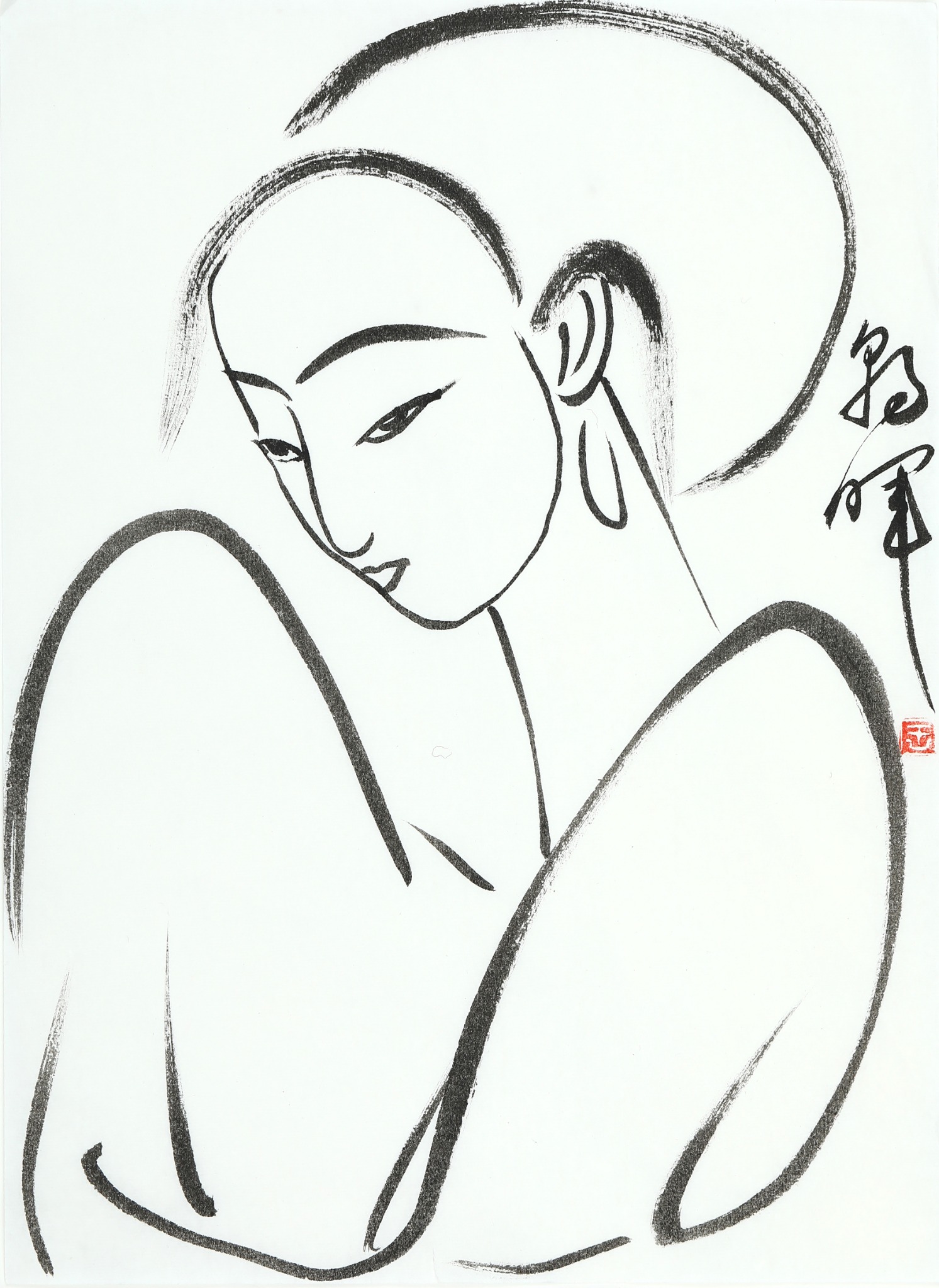 王朝晖《寂照》静坐人物白描水墨画