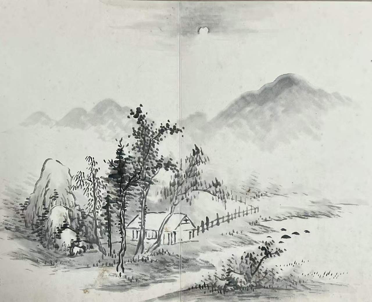 王朝晖《山居清晓》 远山村舍水墨山水画