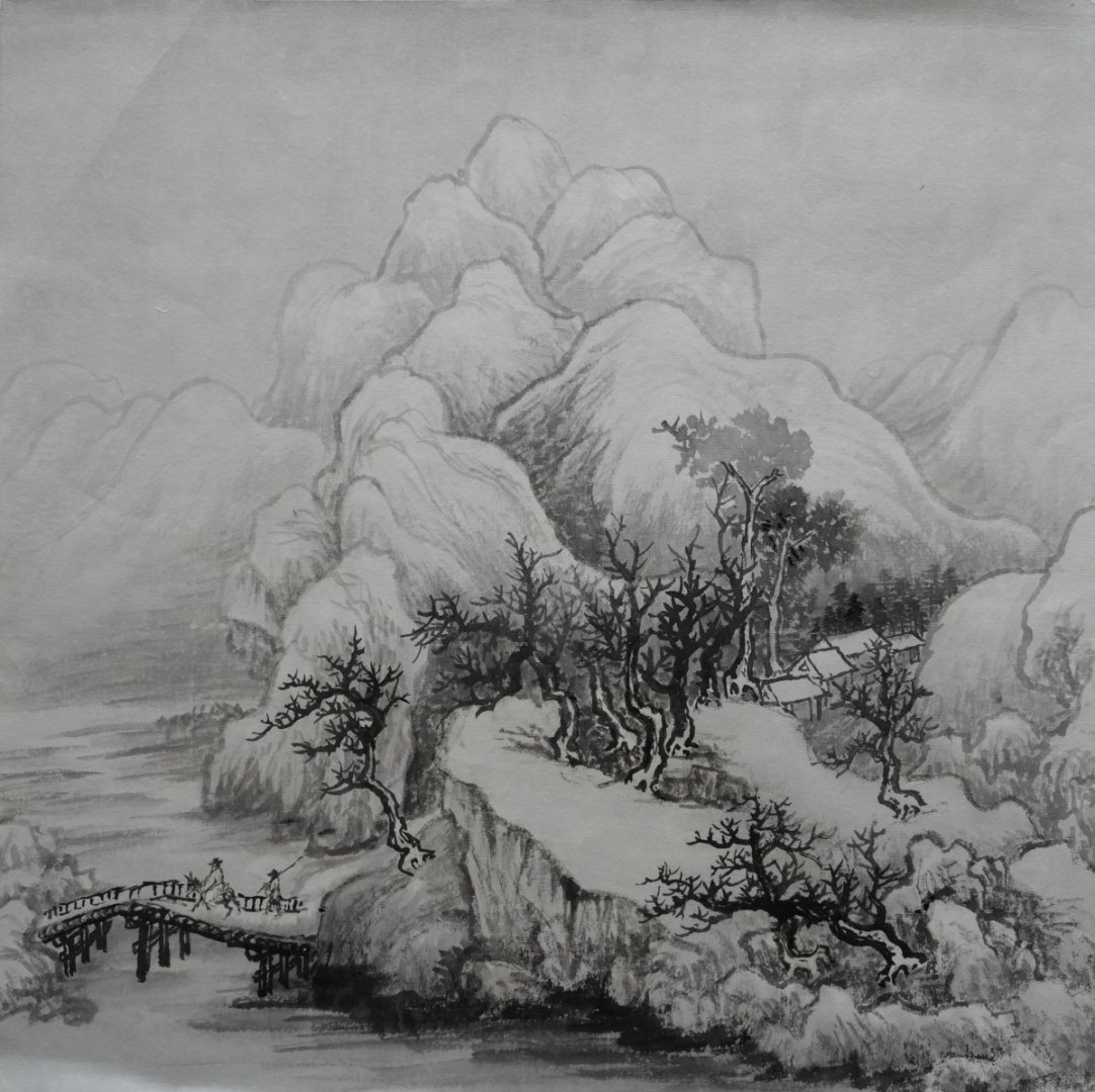 王朝晖《溪桥春山》溪桥村舍淡墨中国山水画